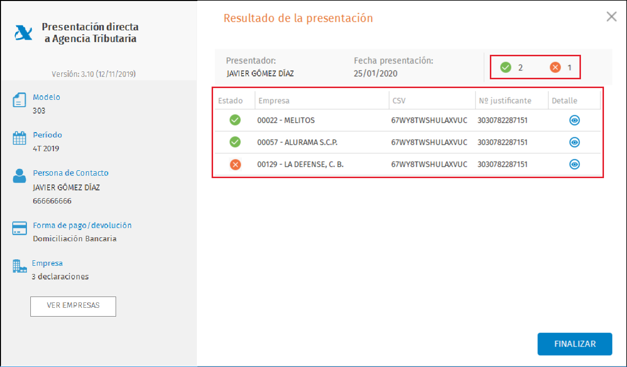 PDA Resultado presentacion masiva Resultado