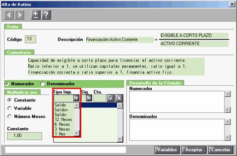 Tipo Importe en el Alta de Ratios