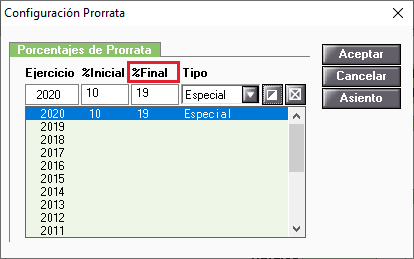 Configuracion de la prorrata especial final