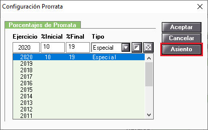 Acceso al asiento de prorrata desde la configuracion de la prorrata especial
