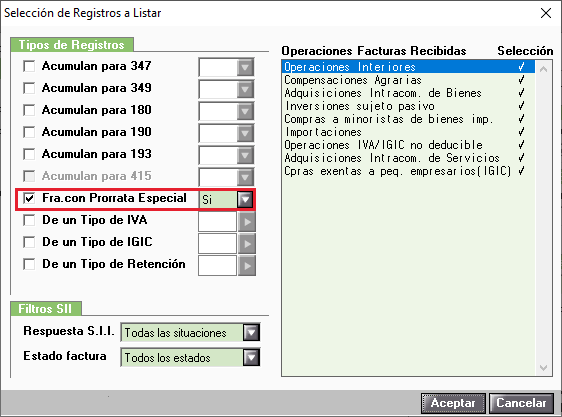 Seleccion de registros a listar prorrata especial