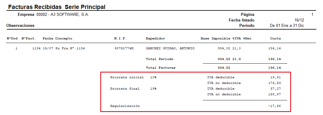 listado libro de registros Facturas recibidas prorrata especial por pantalla