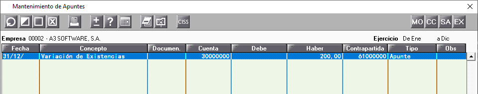 Contabilizacion Existencias en el MAntenimiento de Apuntes