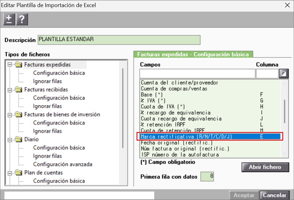 Marca rectificativa. Importador de datos.