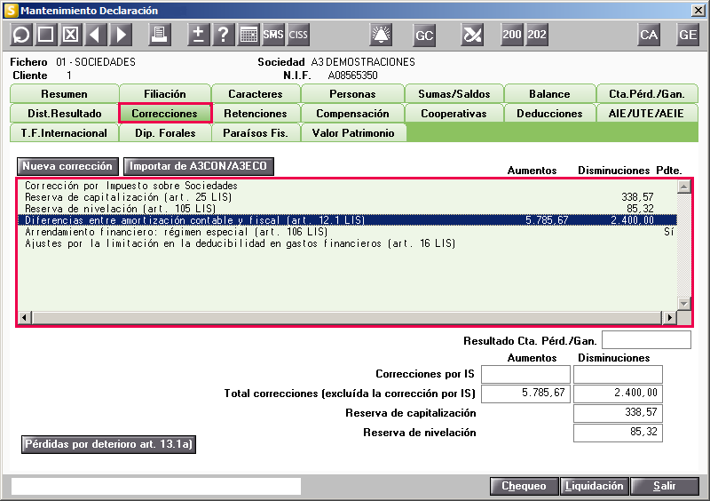 Correcciones en pantalla Mantenimiento declaración