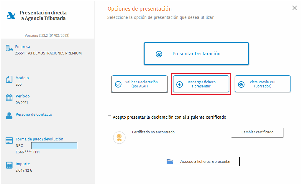 Modelo 200 Descargar fichero a presentar para aplazar