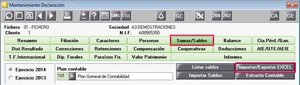importar exportar excel en sumas y saldos