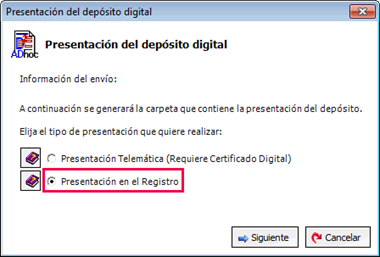 Presentación en el registro