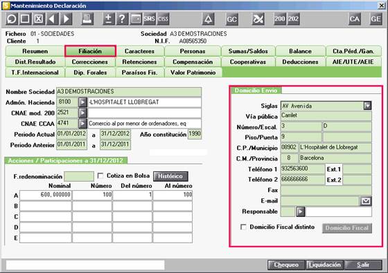 Filiación, datos de envio