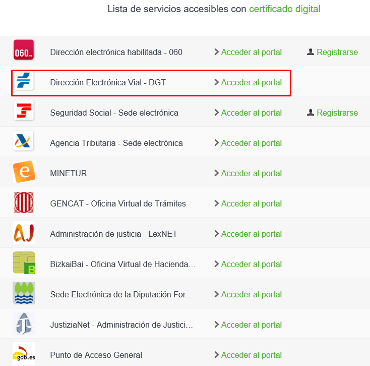 lista servicios accesibles certificado digital