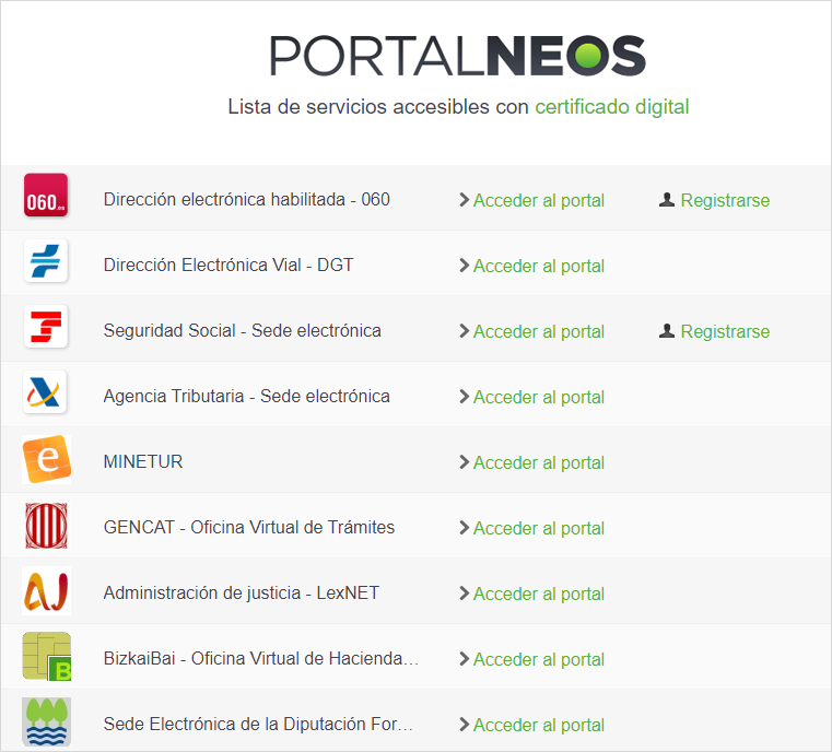 lista servicios acesibles con certificado digital