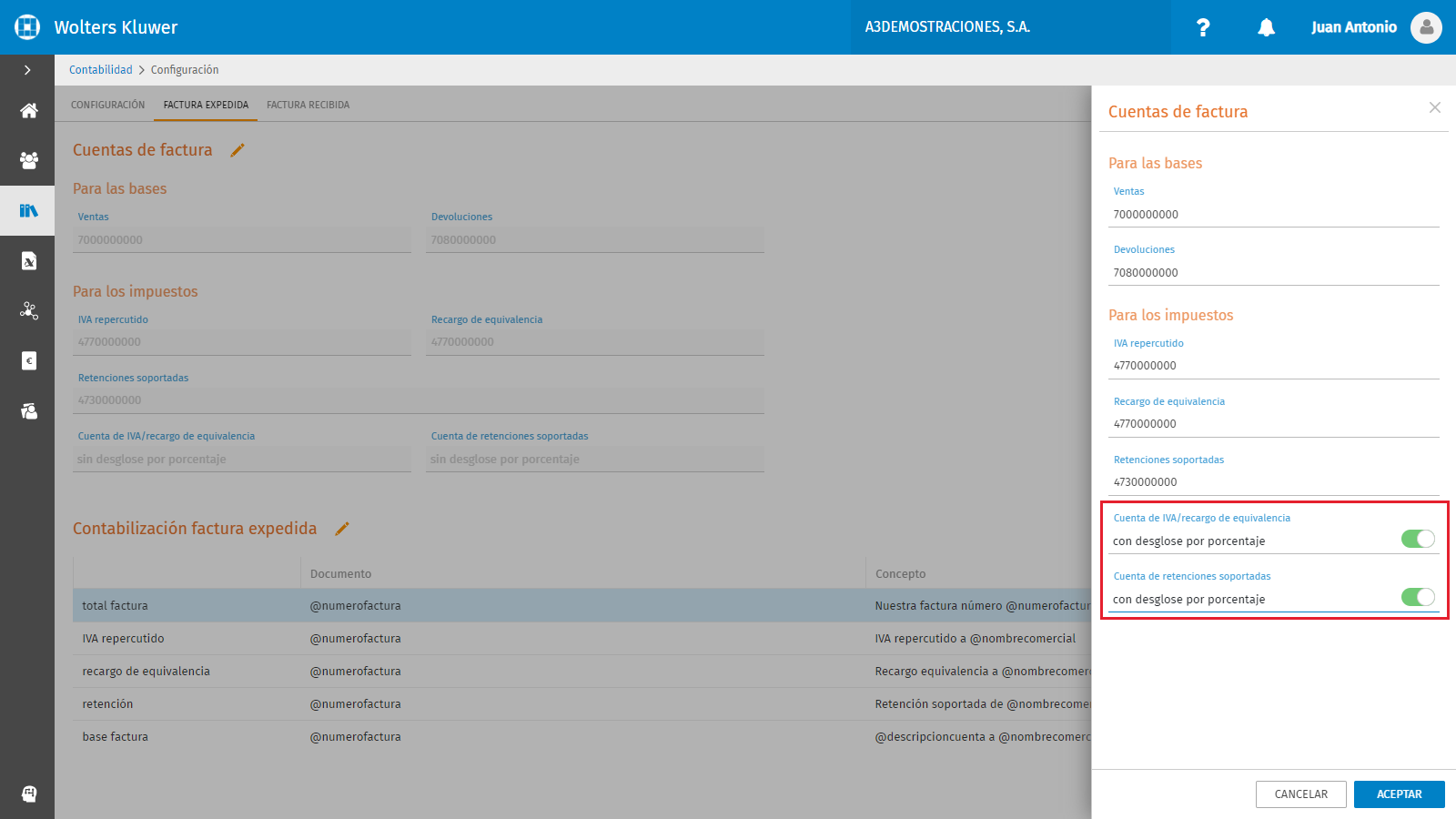 Configuracion contable de las cuentas de facturas expedidas