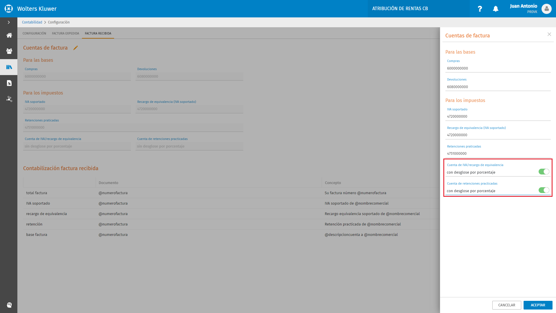 Atribucion de rentas Cuentas de factura recibidas