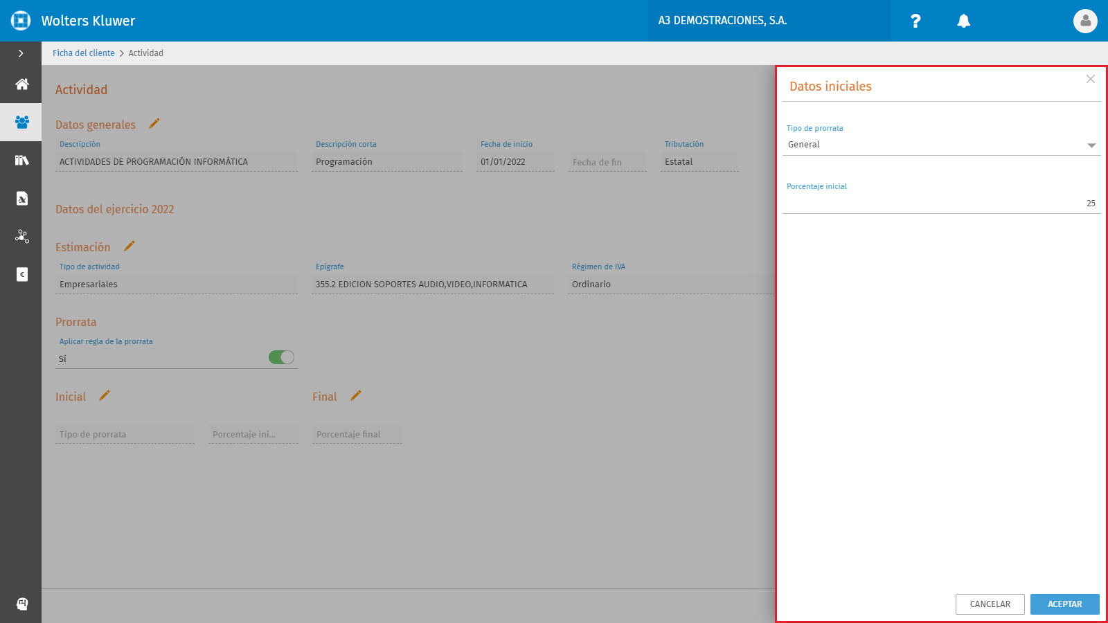 Ficha del cliente Actividad Prorrata Datos iniciales