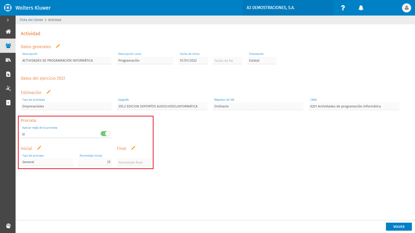 Ficha del cliente Actividad Prorrata General Datos iniciales informados