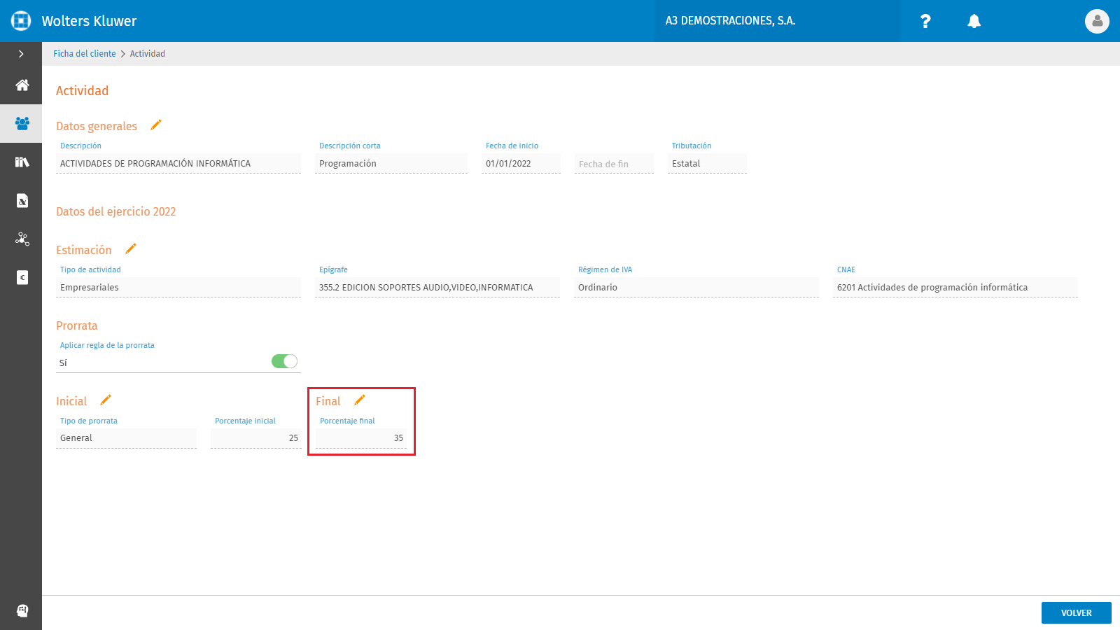 Ficha del cliente Actividad Prorrata General Datos finales informados