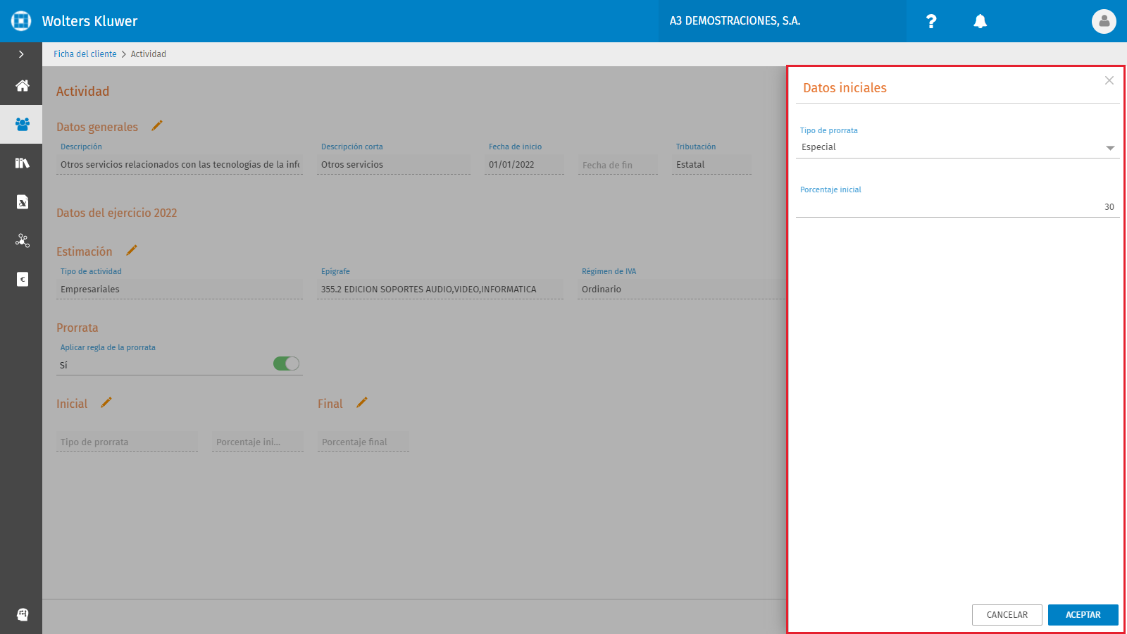 Ficha del cliente Actividad Prorrata Especial Datos iniciales