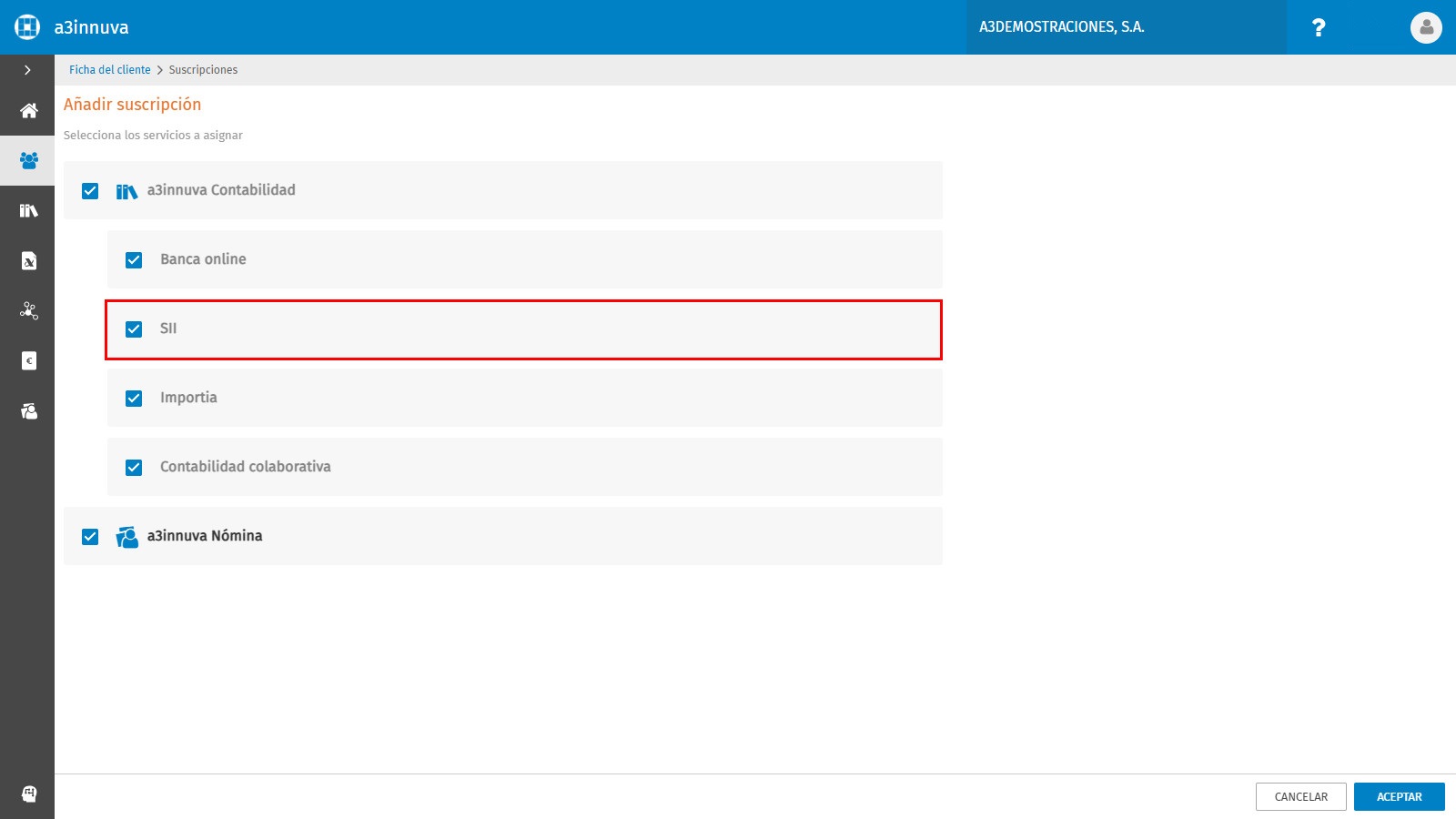 Ficha del cliente Suscripciones Anadir SII
