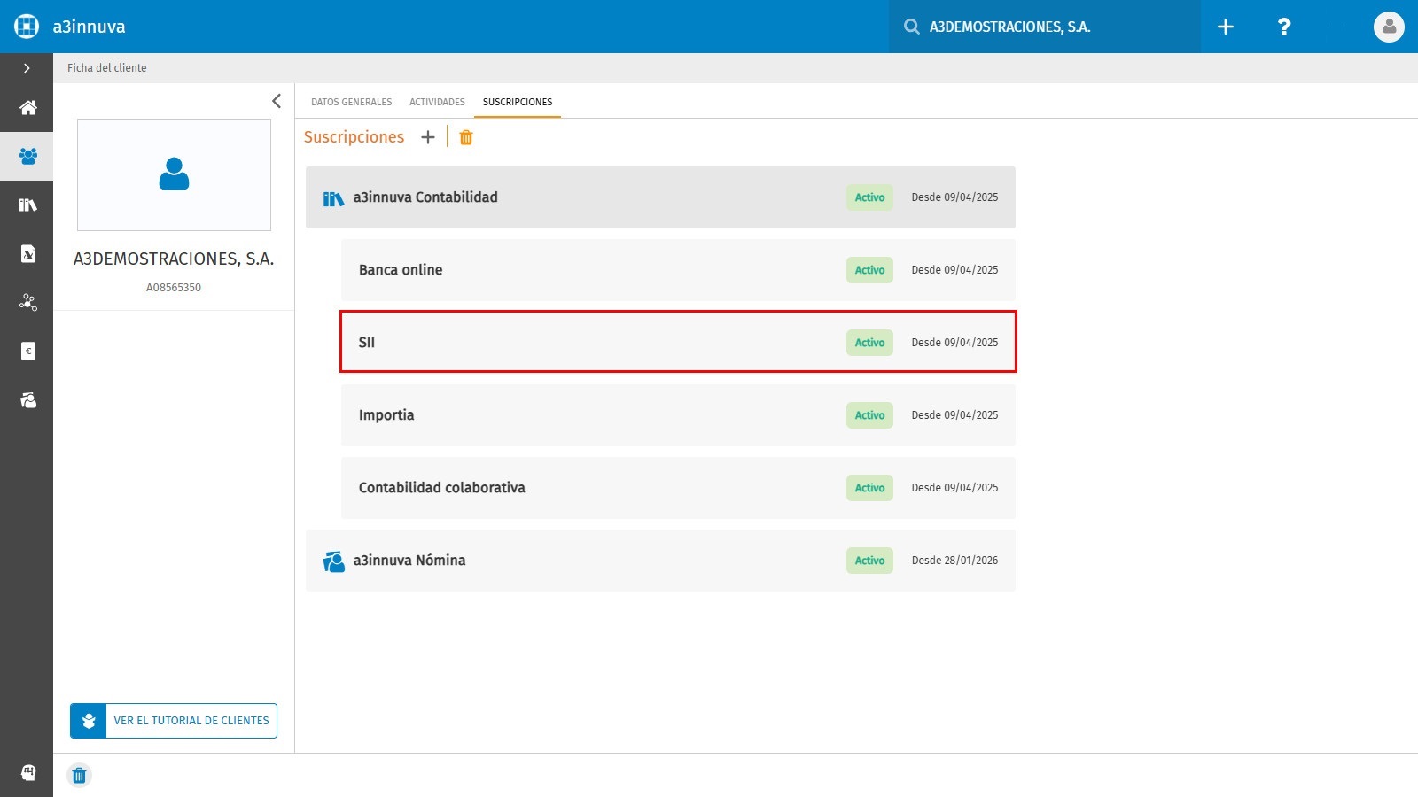 Ficha del cliente Suscripciones SII Anadida