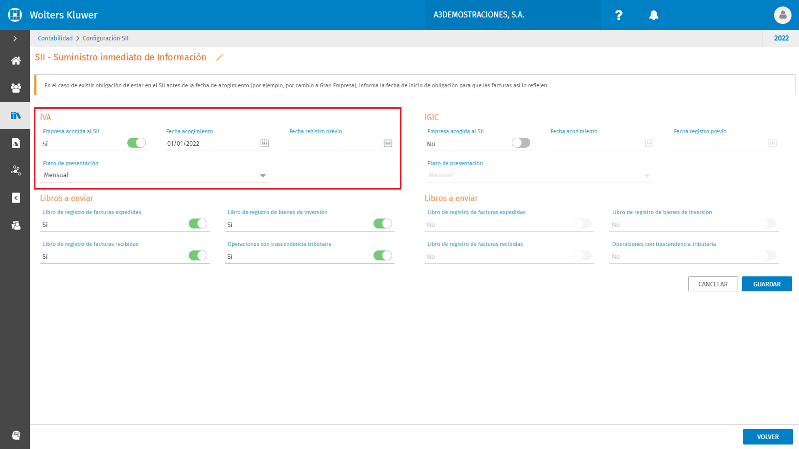 SII Configuracion SII Acogimiento
