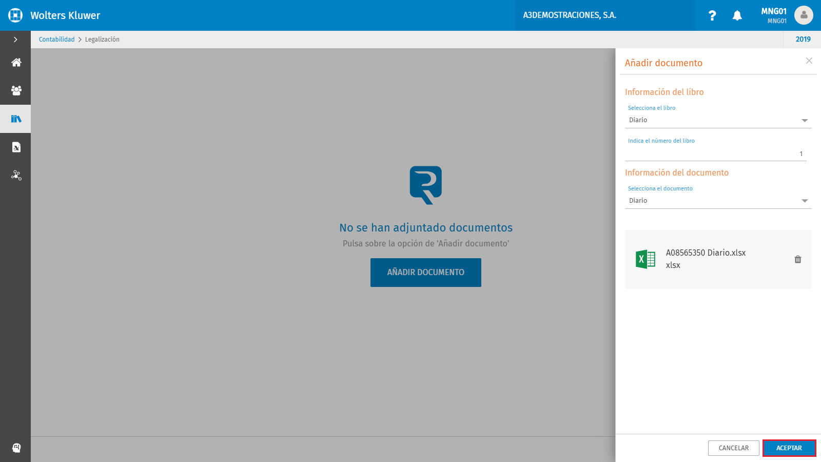 Incorporar documento a la legalizacion panel Aceptar
