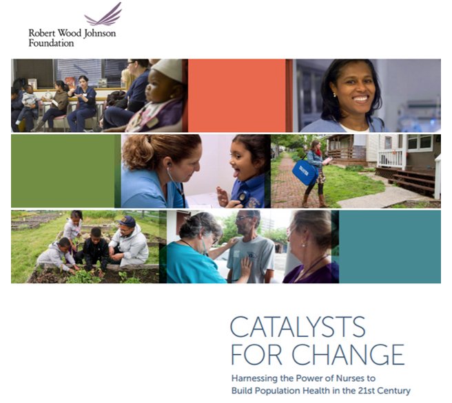 Collage image from Robert Wood Johnson Foundation that says Catalysts for Change, harnessing the power of nurses to build population health in the 21st century