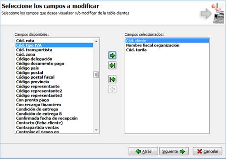 Selección de campos a modificar