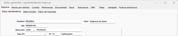 ventana con las diferentes pestañas de parametrización de la empresa