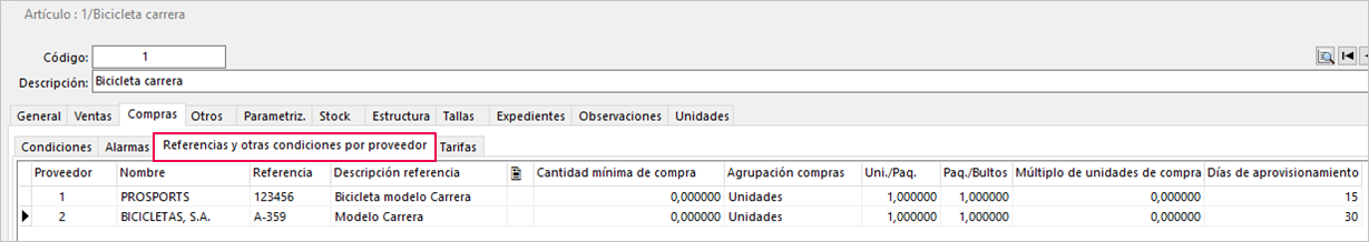 referencias y otras condiciones por proveedor
