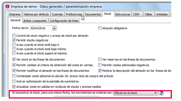 ordenación stock