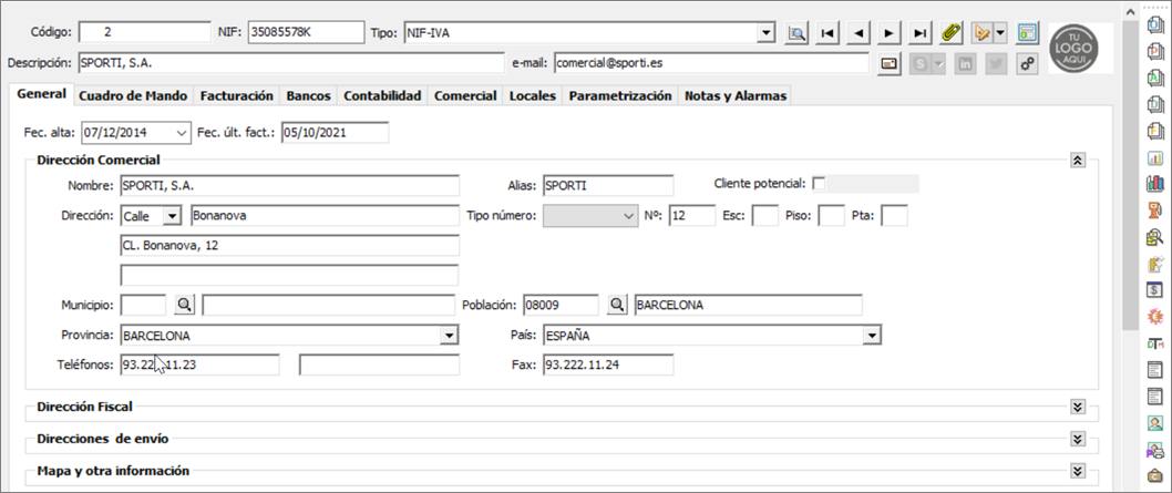 Pantalla principal del fichero de clientes