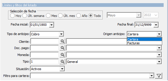 Listado anticipos cartera