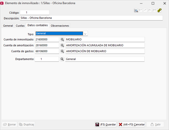 Pantalla de Datos contables