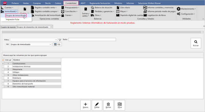 Pantalla de acceso a Grupos de inmovilizado