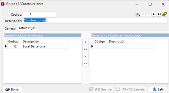 Grupos de elementos pestaña activos fijos
