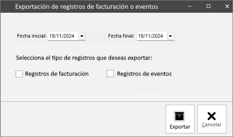 exportación registro eventos o facturación