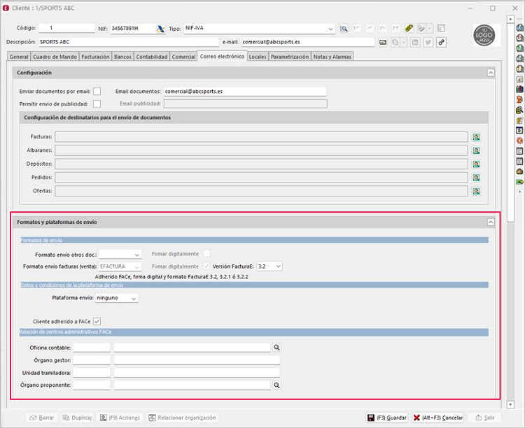 ficha del cliente con las opciones de face