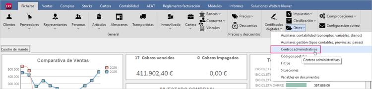 pantalla de acceso al puntos de menú Centros Administrativos