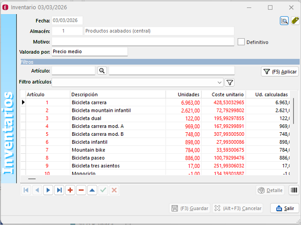 pantalla con el ejemplo de inventario
