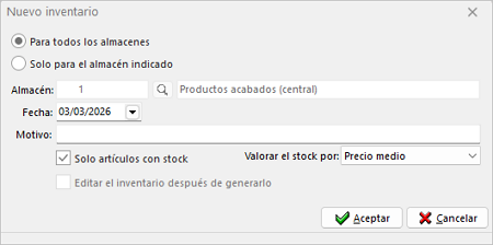 pantalla con las opciones de creación del nuevo inventario