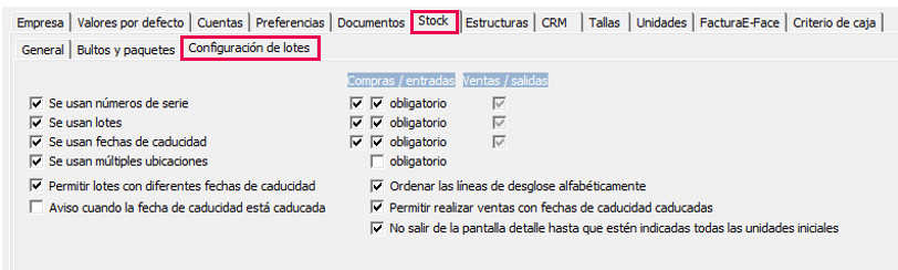 configuración empresa series y lotes