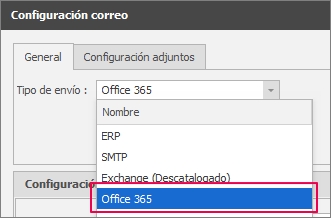 configuración de correo con la opción de Office365