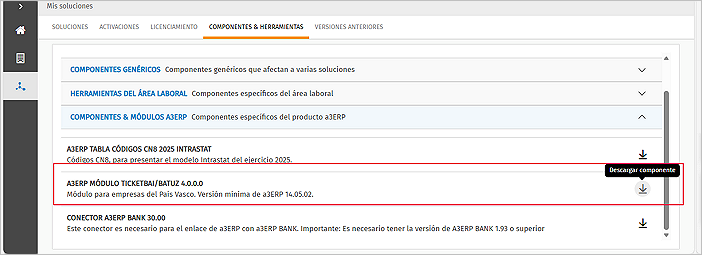 pantalla de descarga del modulo ticketBAI BATUZ