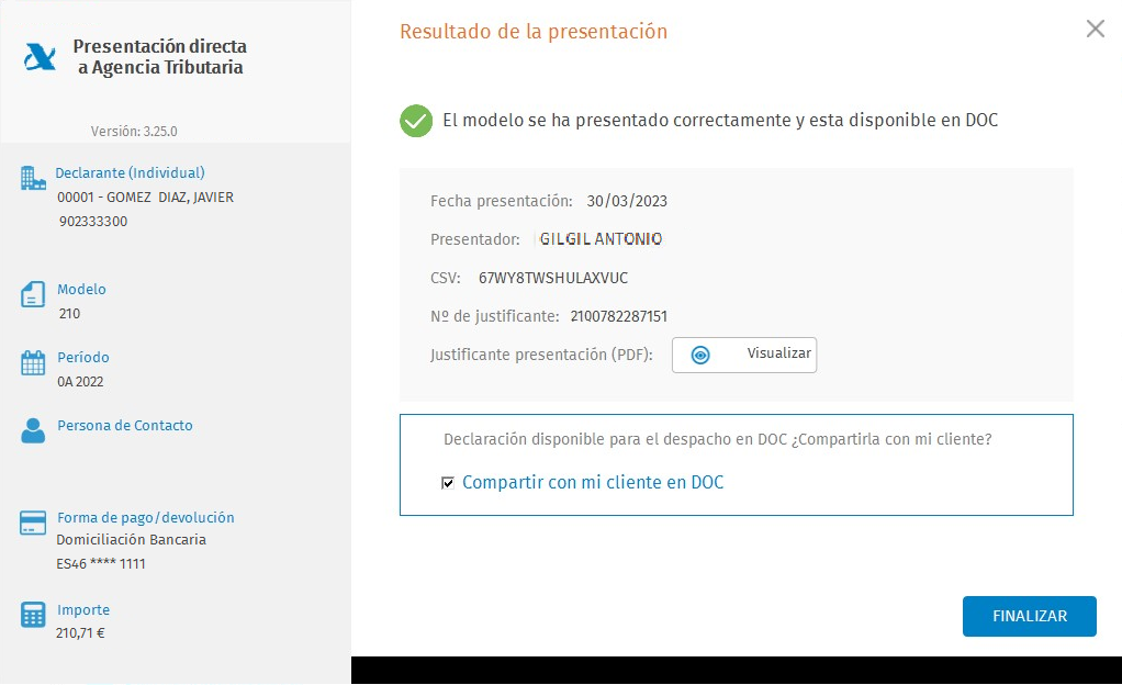 Presentacion Directa Individual con certificado Resultado