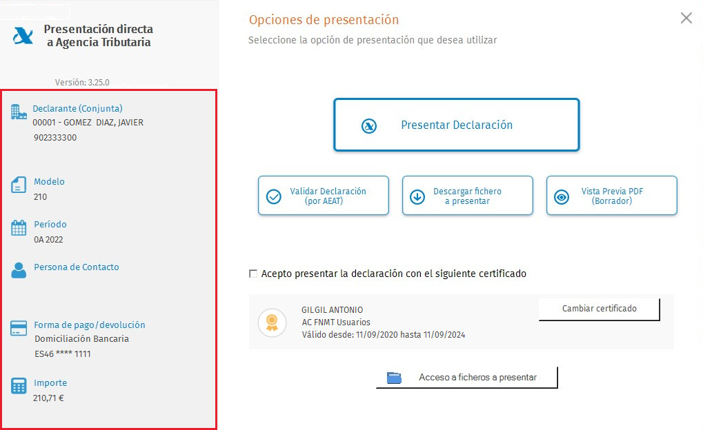 Presentacion Directa Individual con certificado Panel izquierdo