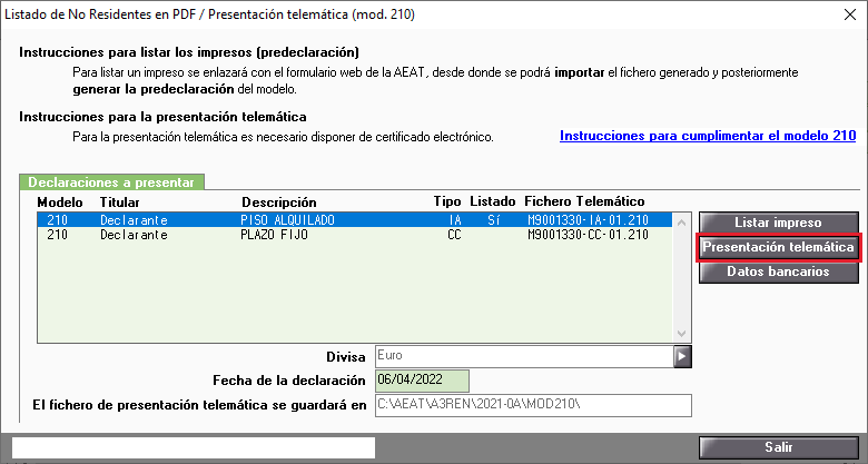 Modelo 210 Presentacion telematica
