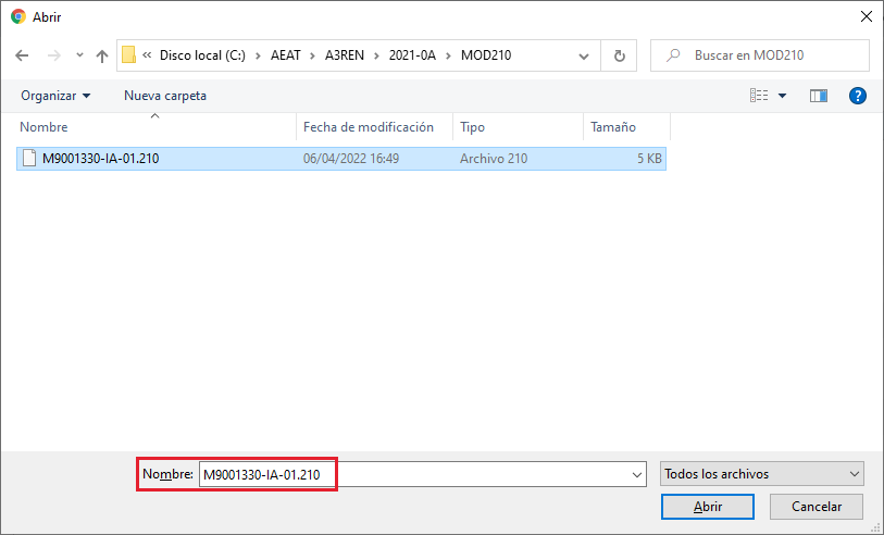 Modelo 210 Elegir archivo a cargar