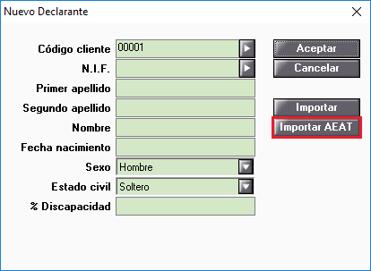 Nuevo declarante Importar AEAT