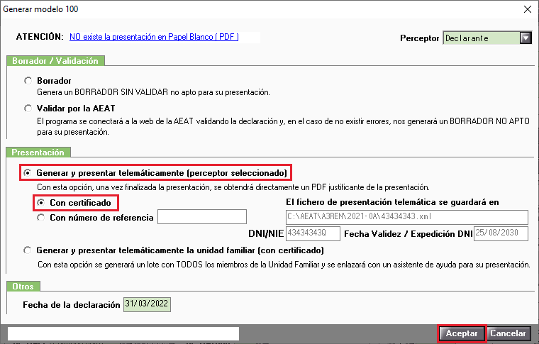 Presentacion del modelo 100 con certificado