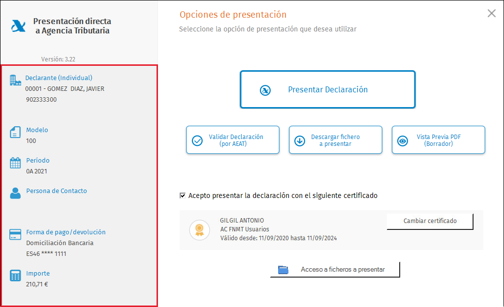 Presentacion Directa Individual con certificado Panel izquierdo